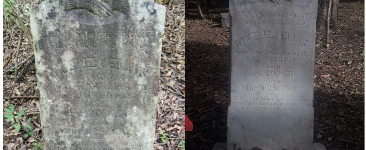 Before and after images of the cleaning of Eliza Evans' headstone